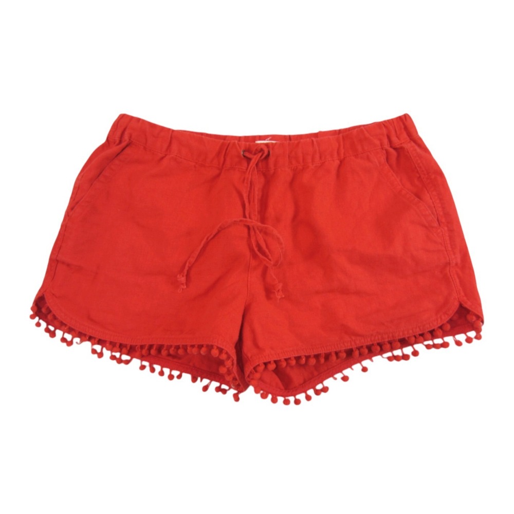 J CREW Red Linen Cotton PULL-ON SHORTS Drawstring Elastic POM POM HEM TRIM sz S